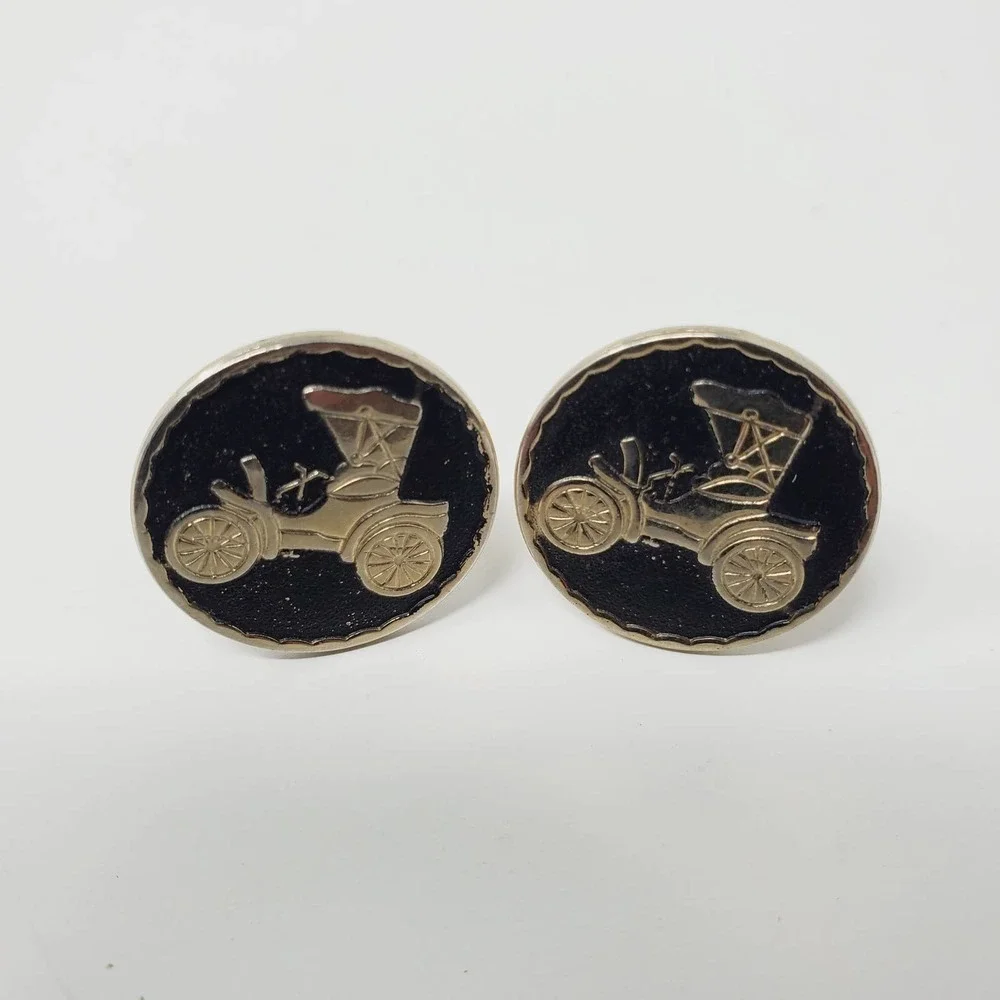 Vintage Old Modern Car Automobile Round Metal Cufflinks Set of 2